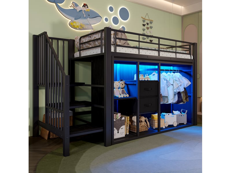  Lit mezzanine 90x200cm 2 tiroirs penderie ouverte led multicolore via appli rangements optimisés métal noir sans matelas  - Conforama W