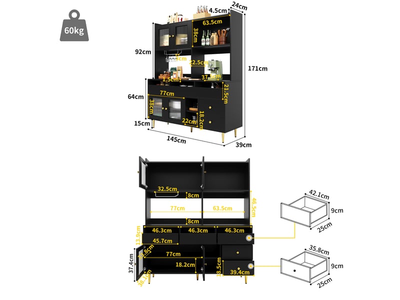  Buffet haut 145 x 39 x 171 cm en mdf, portes en verre strié, noir et doré  - Conforama C