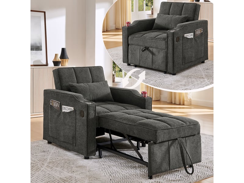  Canapé convertible, canapé-lit, gris, poches latérales, porte-gobelets, dossier inclinable 3 positions, 3 en 1, 190 cm, usb  - Conforama C