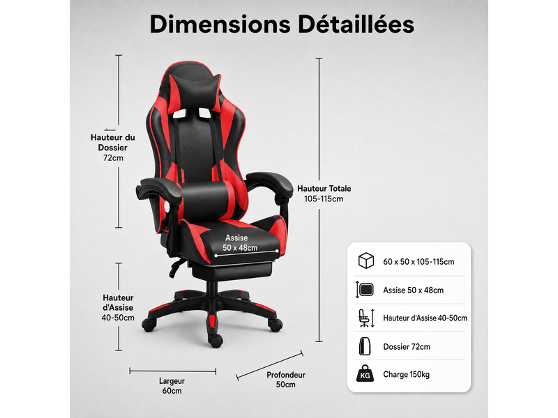  Fauteuil gaming avec assise réglable en hauteur - noir et rouge IZTOSS - Conforama D
