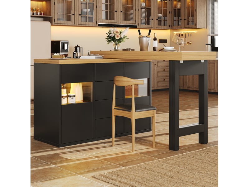 Desserte de cuisine rotative à 360°, 4 tiroirs, portes vitrées et étagères réglables avec led pour cuisine et salle à manger, 120 à 197 × 40 × 73,8 cm - Conforama C