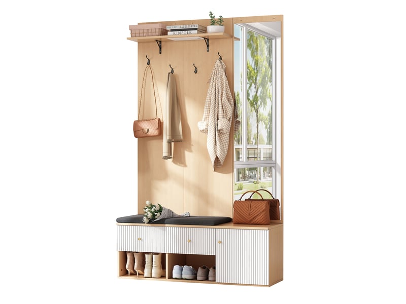  Portemanteau avec banc et rangement 120 x 200 cm en mdf blanc et chêne  - Conforama W