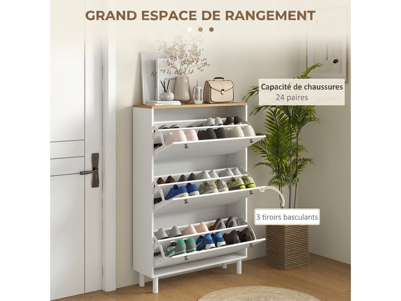  Meuble à chaussures 24 paires, armoire à chaussures étroite avec 3 tiroirs rabattables, étagères réglables, blanc  - Conforama E