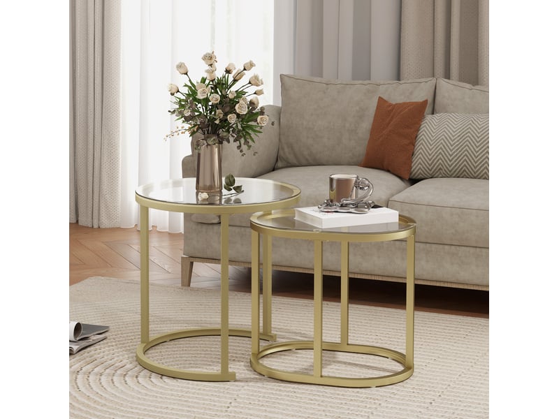 Tables basses gigognes lot de 2 avec plateaux en verre trempé et pieds réglables, en acier doré pour salon et chambre - Conforama B