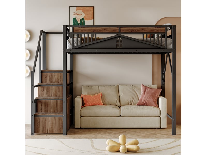  Lit mezzanine enfant 140 x 200 cm en métal avec escalier de rangement, noir  - Conforama D