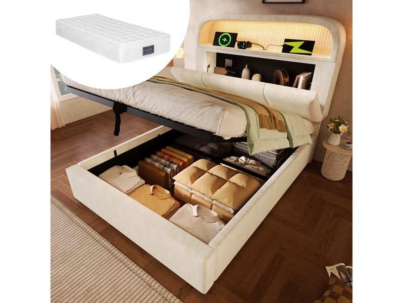  Lit coffre 1 place 90 x 200 cm beige avec matelas, led et station de charge  - Conforama C