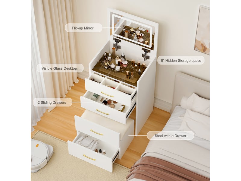  Coiffeuse d'angle 3 en 1 avec miroir ouvert 60x40x118 cm, meuble de chambre, 3 tiroirs, plateau en verre, mdf, blanc  - Conforama D