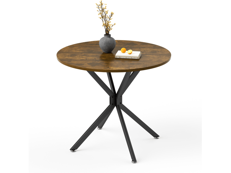 Table ronde 90 cm pour 1 à 4 personnes, table de cuisine compacte avec pieds métalliques stables, idéale pour salle à manger ou salon, marron vintage et noir - Conforama A