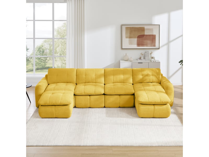  Canapé d'angle en u 4 places sans cadre, canapé modulaire, housse chenille jaune, sans montage, 2 poufs pour salon et appartements  - Conforama B