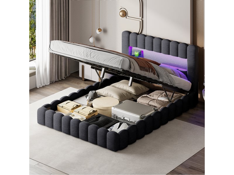  Lit double coffre - 140 x 200 cm - gris - lin, design cannelé, tête de lit avec led, vérins hydrauliques  - Conforama C