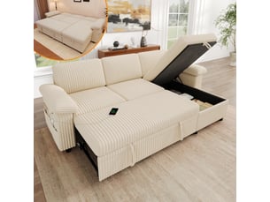 Canapé d'angle convertible 3 places 214 x 138,5 x 89 cm, couchage 214 x 177 cm, méridienne réversible avec coffre, usbtype-c, velours côtelé beige