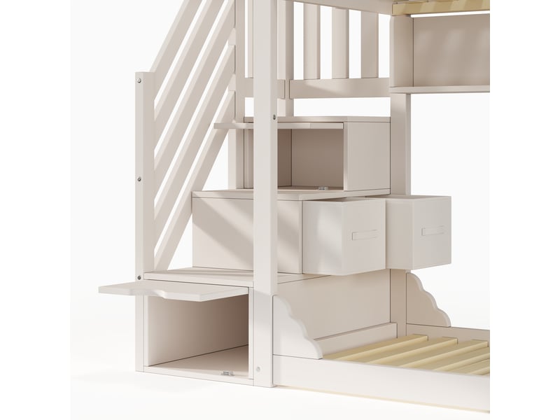  Lit superposé enfant 200×90 cm avec escalier de rangement, 2 tiroirs et étagères, sans matelas, en bois blanc  - Conforama E