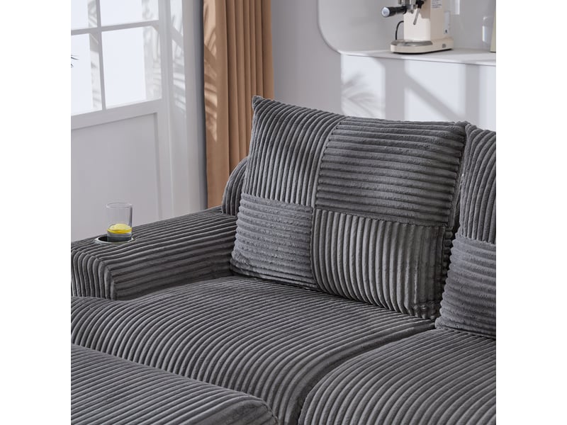  Canapé droit en velours côtelé gris foncé, 2 places, 200 cm, porte-gobelet intégré W2845S00287 - Conforama R