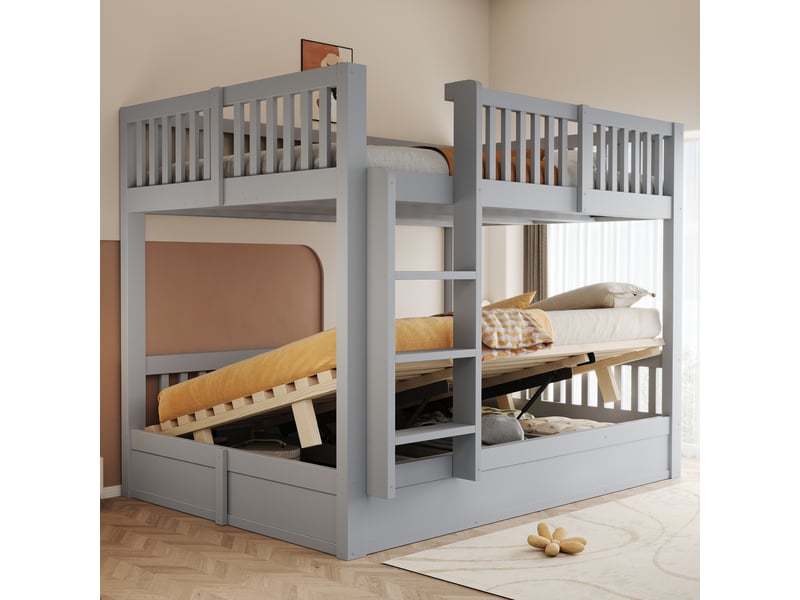  Lit superposé pour enfants 140 x 200 cm – rangement hydraulique sous le lit du bas – avec barrières de sécurité – gris (matelas non inclus)  - Conforama D