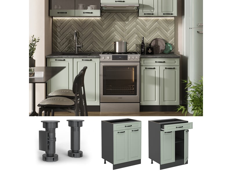  Vicco meuble cuisine, mint campagneanthracite, 60cm avec tiroir plan de travail marbre  - Conforama D