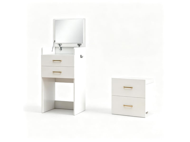  Coiffeuse 3 en 1 blanche en mdf avec miroir rabattable, 2 tiroirs et tabouret à roulettes pour la chambre  - Conforama A