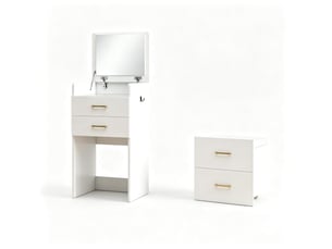 Coiffeuse 3 en 1 blanche en mdf avec miroir rabattable, 2 tiroirs et tabouret à roulettes pour la chambre