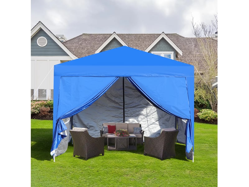  Tonnelle pliante 3 x 3 m bleue, étanche, avec 4 parois, 4 sacs de sable et protection uv 50+, structure acier  - Conforama E
