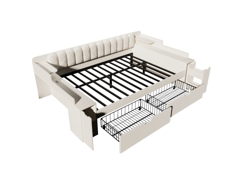 Lit banquette 140x190 cm avec tiroirs et chargeurs usb, blanc, sans matelas - Conforama D