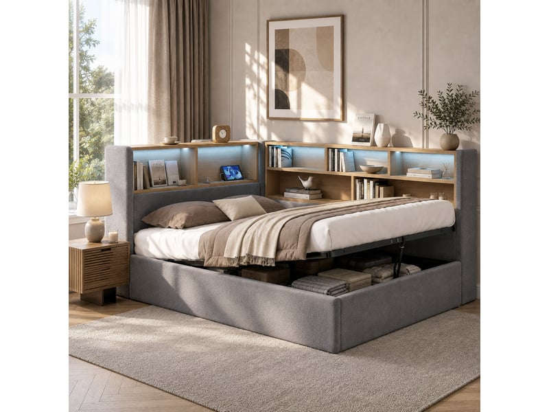  Lit banquette coffre 90 × 200 cm avec led, usb-ausb-c et rangement, velours gris IKSETERA TRADING LTD - Conforama B