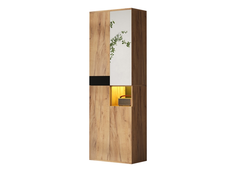  Armoire de rangement 4 portes, armoire haute avec miroir et niche ouverte pour salon ou entrée - noir et bois 65x35x190 cm  - Conforama A