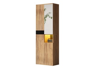 Armoire de rangement 4 portes, armoire haute avec miroir et niche ouverte pour salon ou entrée - noir et bois 65x35x190 cm