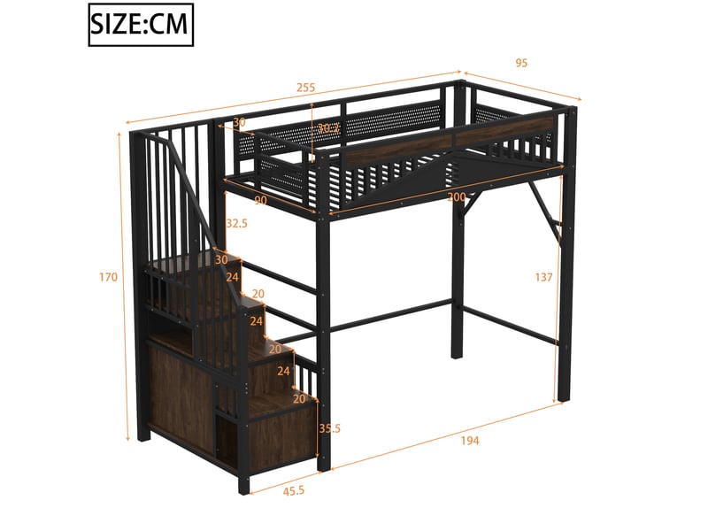  Lit mezzanine enfant 90x200 cm – noir – escalier avec rangements et fenêtre de sécurité - sans matelas  - Conforama C