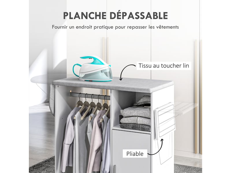  Armoire à repasser sur roulettes, table à repasser pliante, étagère réglable, barre de suspension, 127x42,5x99cm, blanc  - Conforama E