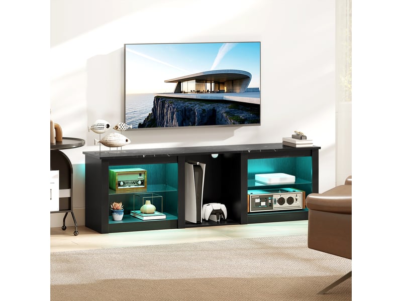  Meuble tv avec éclairage led pour télévision jusqu'à 70 pouces, noir, 160cm avec étagères en verre réglables  - Conforama A