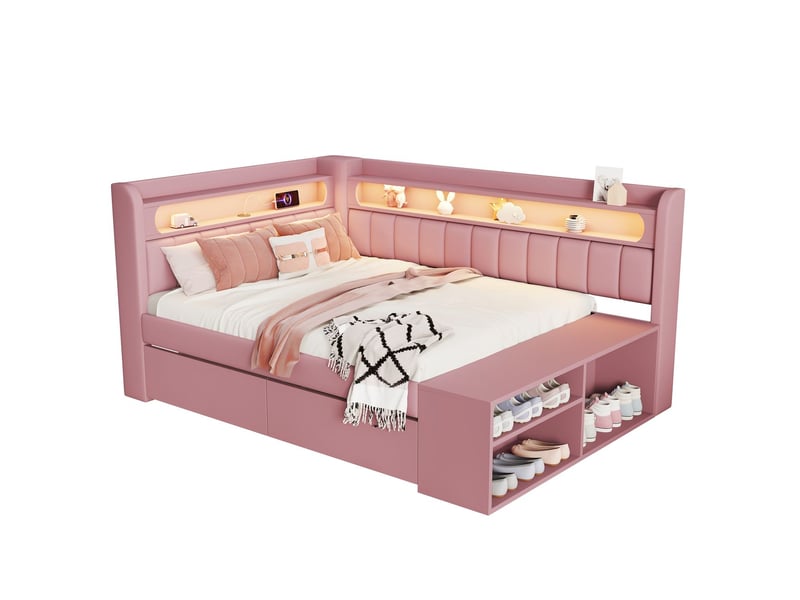  Lit une personne 90x200cm, style banquette rembourré lit adulte, port usb, éclairage led, rangement chaussures, deux tiroirs, rose  - Conforama E