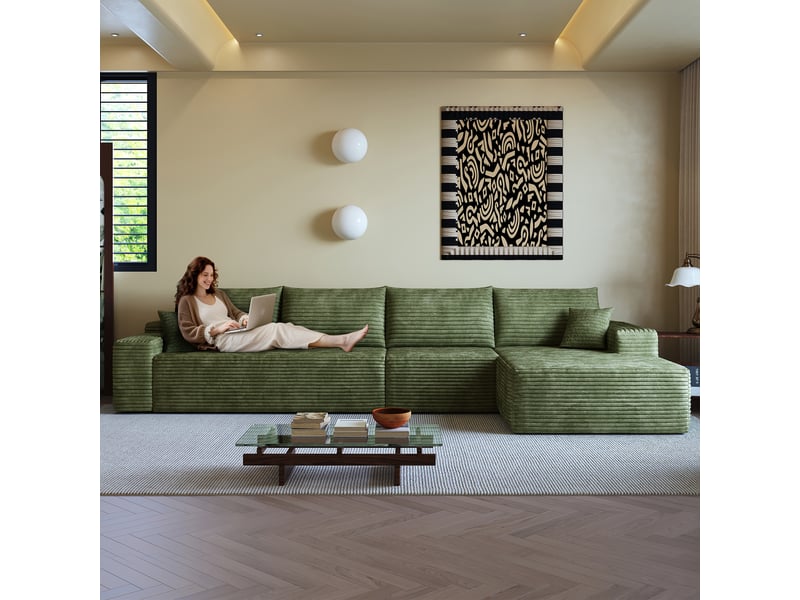 Canapé d'angle modulable 4 places en velours côtelé vert, 340 x 175 x 83 cm, méridienne droite, sans montage, livré compressé, assise profonde CARDUME ESTIVAL - Conforama E