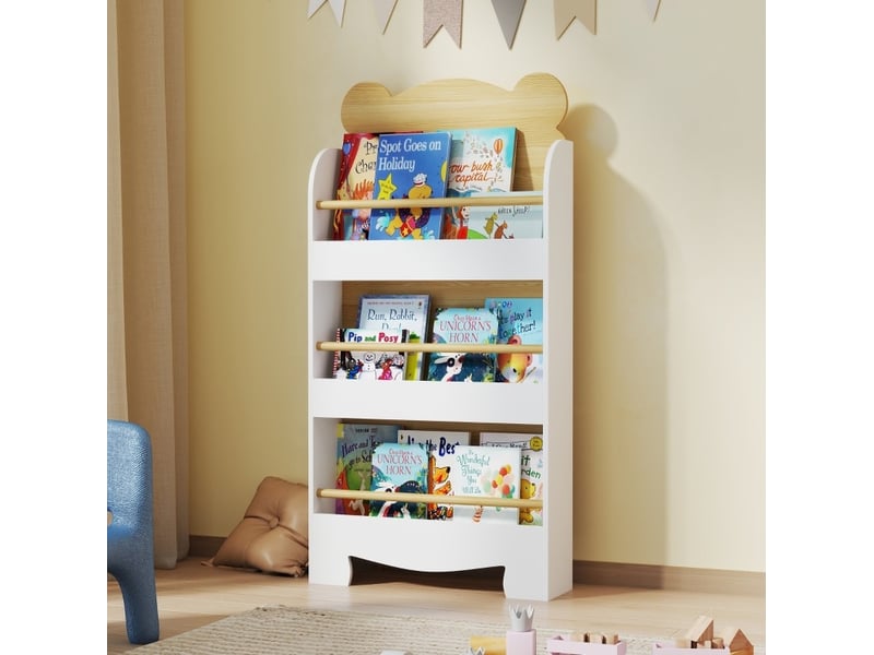  Bibliothèque enfant 55 x 15 x 110 cm blanc et bois clair en bois, 3 niveaux avec protection anti-basculement  - Conforama B
