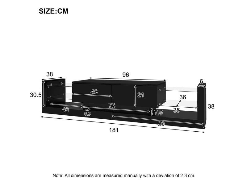  Banc tv modenvie 181 x 38 x 38 cm avec led, façade en verre et 2 tiroirs abattants noir  - Conforama C