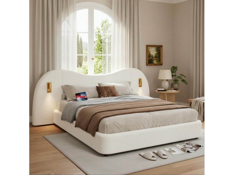  Lit coffre 2 places 180x200 cm en tissu bouclette blanc avec lampes de lecture et port usb, sans matelas  - Conforama B