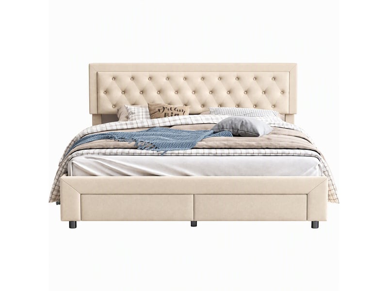  Lit double 160x200cm, lit coffre avec rangement hydraulique et 2 tiroirs, lit adulte avec sommier à lattes, lit capitonné en velours beige, sans matelas  - Conforama A