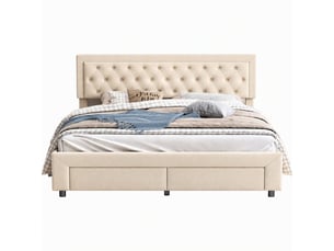 Lit double 160x200cm, lit coffre avec rangement hydraulique et 2 tiroirs, lit adulte avec sommier à lattes, beige lit en velours capitonné, sans matelas