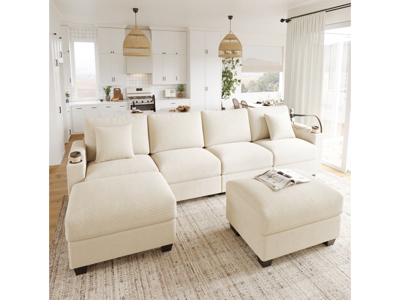  Canapé d'angle modulable convertible 6 places en velours côtelé beige avec usb, rangement et repose-pieds  - Conforama E