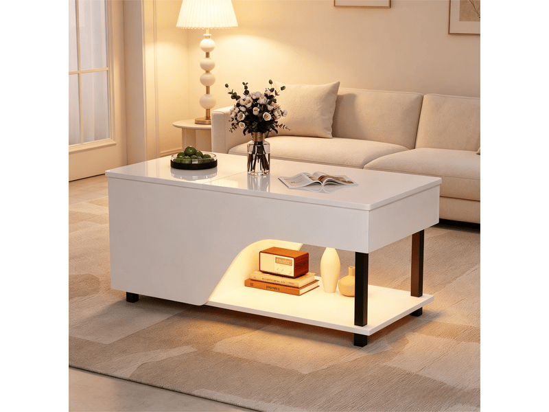  Table basse relevable 100x50 cm avec rangement caché et led, table de salon modulable en bois et métal, blanc brillant  - Conforama D