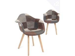 Lot de 2 chaises scandinaves neda avec accoudoirs en tissu patchwork gris bleu et pieds en bois clair