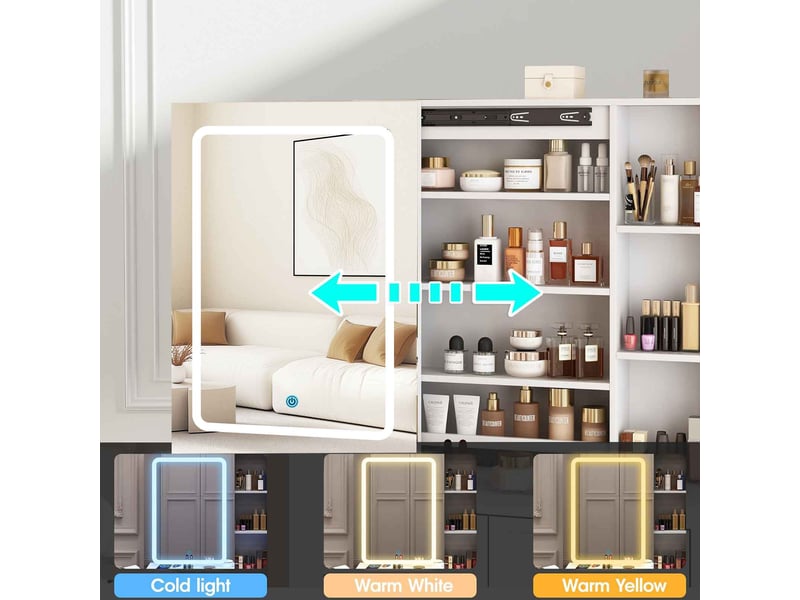  Blanc coiffeuse avec miroir led coulissant, meuble de maquillage avec 4 tiroirs et 1 armoire, table de toilette moderne avec tabouret  - Conforama E