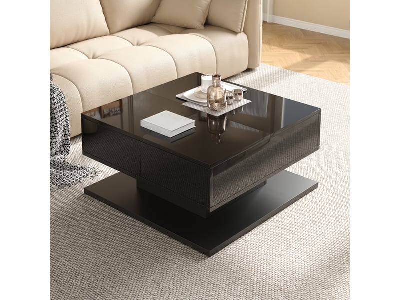  Table basse relevable noire brillante avec grand rangement, plateau rabattable &amp; 2 tiroirs, table de salon led intelligente pour maison  - Conforama D