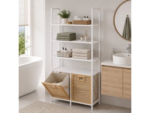 Armoire de salle de bains en bambou hwc-n83, armoire de salle de bains avec étagères, 2 paniers à linge, 4 tablettes, mvg 168 x 81 x 33 cm - blanc naturel, panier naturel