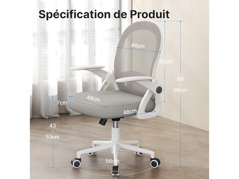 Chaise de bureau avec accoudoirs relevables, soutien lombaire et dossier mi-haut de 45 cm ; gris.  - Conforama C