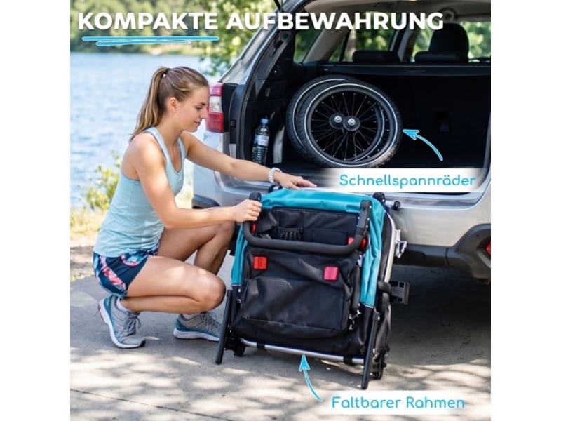 Remorque vélo enfant bleue 2 places, 2 en 1 pliable, siège réglable, harnais de sécurité - Conforama E