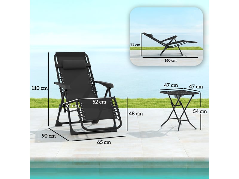  Lot de 2 chaise longue pliable et inclinable avec table d'appoint, porte-gobelets et appuie-têtes, charge 120 kg, noir  - Conforama D