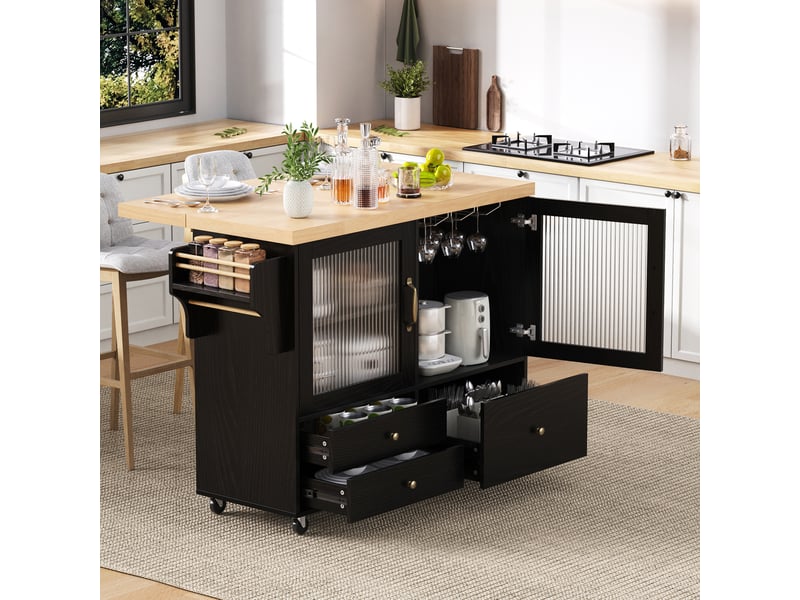  Îlot de cuisine sur roulettes noir avec table à manger extensible, chariot de cuisine avec support pour verres à vin et rangement  - Conforama B