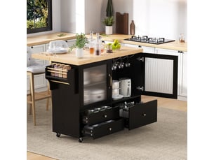 Îlot de cuisine sur roulettes noir avec table à manger extensible, chariot de cuisine avec support pour verres à vin et rangement
