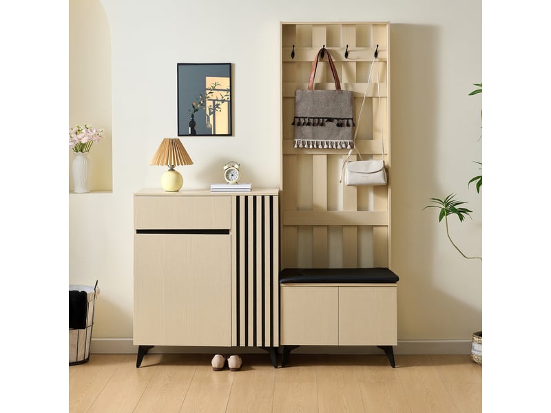  Vestiaire d'entrée - 135x35x179.5cm - buffet meuble à chaussures avec banc assise, patères - bois clair  - Conforama C