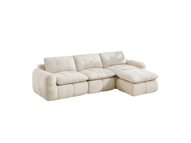  Canapé d'angle modulable 3 places avec ottoman, en chenille beige  - Conforama A