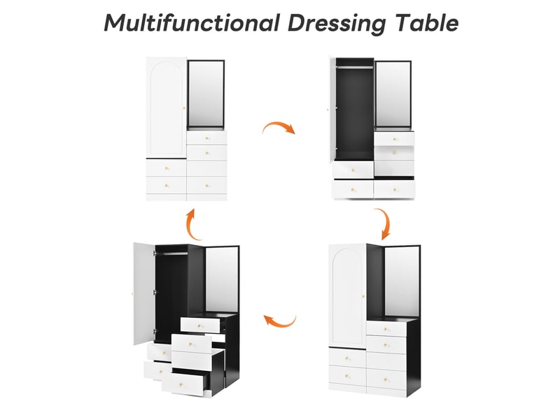 Armoire coiffeuse en mdf avec poignées en fer, miroir en pied, tabouret escamotable, tiroirs compartimentés - Conforama D